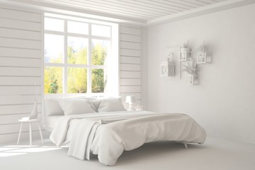 White stylish minimalist bedroom in white color and autumn landscape in window. Scandinavian interior design. 3D illustration