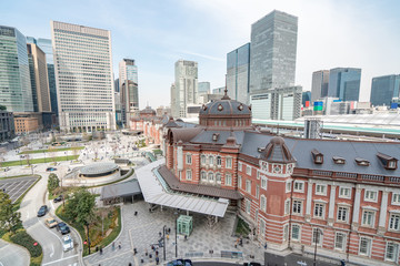 Fototapeta na wymiar TOKYO, JAPAN - March 25 2019: Tokyo Station in Tokyo, Japan. Open in 1914, a major a railway station near the Imperial Palace grounds and Ginza commercial district