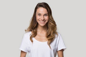 Head shot portrait attractive young woman with healthy smile