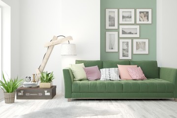 Stylish room in white color with green sofa. Scandinavian interior design. 3D illustration