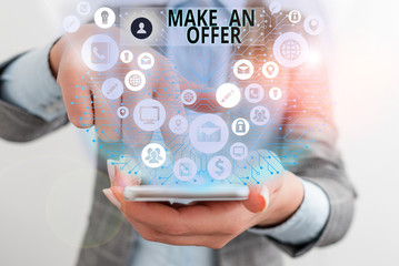 Writing note showing Make An Offer. Business concept for Proposal Bring up Volunteer Proffer Bestow Bid Grant