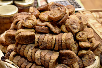 basket of dried figs in the oriental bazaar, souvenirs, gifts, travel, fragment