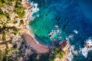 Sea Aerial view. Top view, nature background. Azure sea beach with rocky mountains and clear water at sunny day. Flying drone. Tropical trees. - 306196794