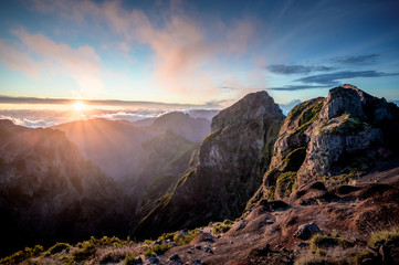 sunset over the mountains of Madeira seen from Pico Arieiro summit