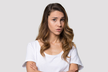 Fototapeta premium Head shot portrait attractive young woman with curly hair
