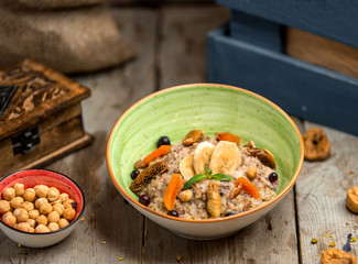 barley porridge with dried fruits and banana
