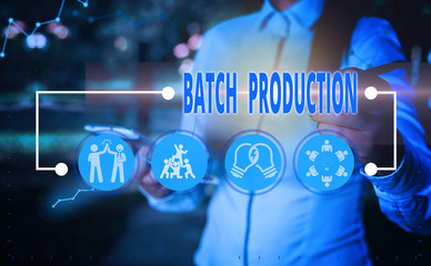 Writing note showing Batch Production. Business concept for products are analysisufactured in groups called batches