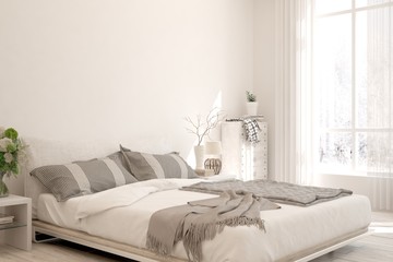 Stylish bedroom in white color with winter background in window. Scandinavian interior design. 3D illustration