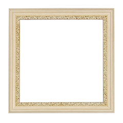 Wooden frame for paintings with gold patina. Isolated on white