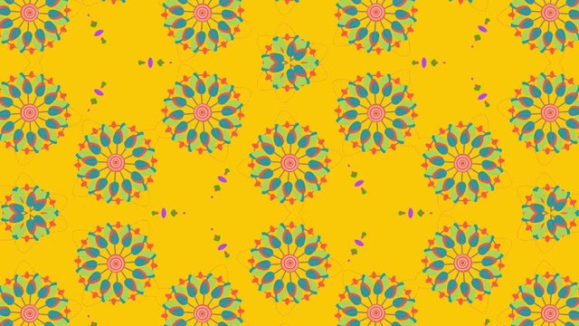Beautiful bright cartoon background of flowers, top view. Background for greetings or wrapping paper. The kaleidoscope effect.