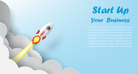 Paper art start up business of space rocket launch to the sky  start up your business concept and improve idea vector paper art and illustration on blue sky background