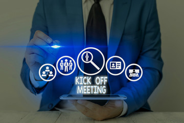 Writing note showing Kick Off Meeting. Business concept for getting fired from your team private...