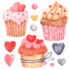 Separate watercolor cakes and cupcakes with cream and hearts to create the design and decoration of packaging, scrapbook paper, textiles, business cards, posters, cards and any ideas