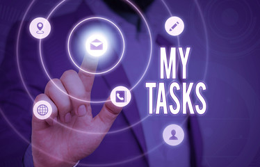 Conceptual hand writing showing My Tasks. Concept meaning assigned piece of work often to be finished within a certain time