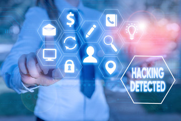Writing note showing Hacking Detected. Business concept for identify the presence or unauthorized access to data