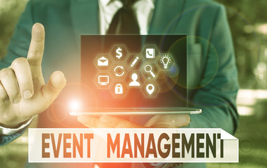 Conceptual hand writing showing Event Management. Concept meaning job of planning and analysisaging...