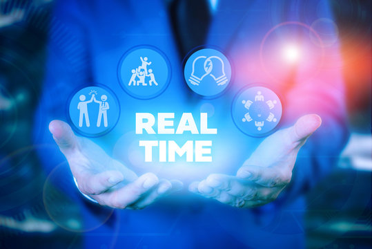 Text sign showing Real Time. Business photo showcasing the actual time during which a processes or events occurs