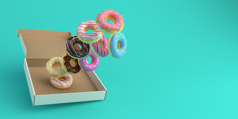 Donut box falling or flying in motion on mint background with copy space 3d-illustration