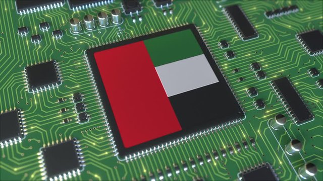 Flag of the United Arab Emirates on the operating chipset. UAE information technology or hardware development related conceptual 3D animation