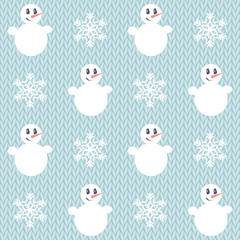 Christmas pattern. Seamless vector illustration with snowman and snowflakes, knitted background