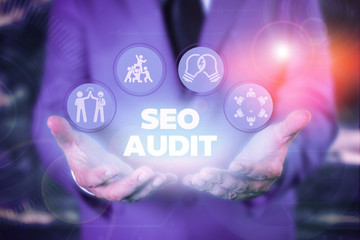 Text sign showing Seo Audit. Business photo showcasing Search Engine Optimization validating and verifying process