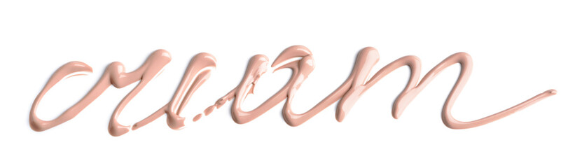 The inscription "cream" made on the cream Foundation of makeup isolated on white background. Cosmetic concealer. Realistic brown cream texture.