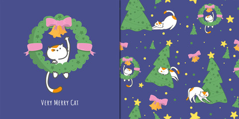 Seamless Christmas pattern with cute cartoon cats with new year tree, merry christmas and happy new year of the mouse 2020