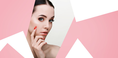 Portrait of model with natural nude make up. Beautiful young woman with perfect glow clean skin...