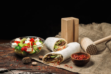 lavash meat roll and greek salad