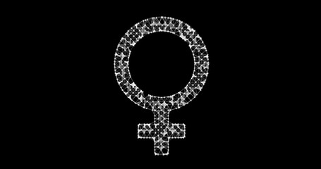 Gender icon. Male and female sex symbols. Illustration in the form of a starry sky or space, consisting of points, lines, and shapes in the form of stars with destruct shapes. Gender equal.