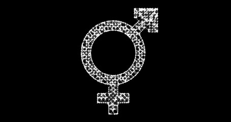 Gender icon. Male and female sex symbols. Illustration in the form of a starry sky or space, consisting of points, lines, and shapes in the form of stars with destruct shapes. Gender equal.