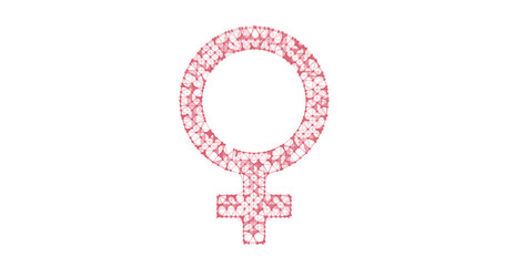 Gender icon. Male and female sex symbols. Illustration in the form of a starry sky or space, consisting of points, lines, and shapes in the form of stars with destruct shapes. Gender equal.