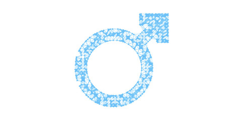 Gender icon. Male and female sex symbols. Illustration in the form of a starry sky or space, consisting of points, lines, and shapes in the form of stars with destruct shapes. Gender equal.
