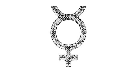 Gender icon. Male and female sex symbols. Illustration in the form of a starry sky or space, consisting of points, lines, and shapes in the form of stars with destruct shapes. Gender equal.