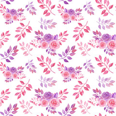 Watercolor pattern with Pink purple roses. 