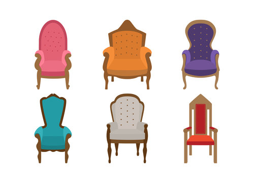 Set of multi-colored thrones chairs. A collection of 6 soft comfortable chairs in a vintage antique style. Design elements, accessories. Flat vector illustration isolated on white background.