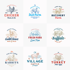 Premium Cattle and Poultry Farm Retro Badges or Logo Templates Set. Hand Drawn Domestic Animals and Farm Landscapes Sketches with Retro Typography. Vintage Emblems Bundle.