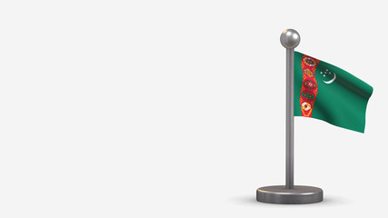 Turkmenistan 3D waving flag illustration on tiny flagpole.