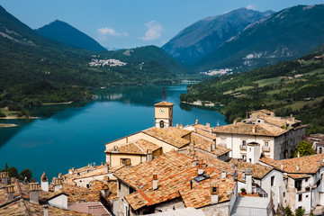 Barrea, Italy: the Historical Typical Village seen from Top, with Mountains and Lake Landscape Panorama
