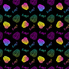 Vector creative seamless pattern with gradient color human brain and Einstein's formula on black background.