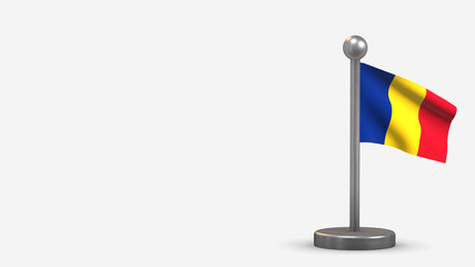 Romania 3D waving flag illustration on tiny flagpole.