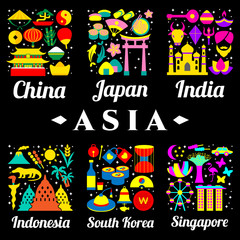 Asia Country logos with icons that are representing the country