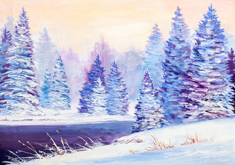 Christmas forest with river. Oil painting landscape. 