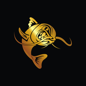 Gold catfish logo in black background Stock Vector