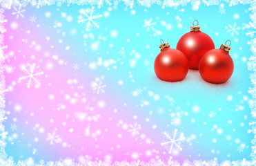 background with three red christmas balls and snow