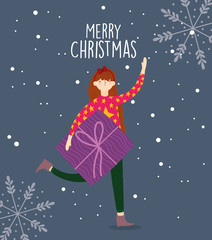merry christmas woman with sweater and gift box snowflakes