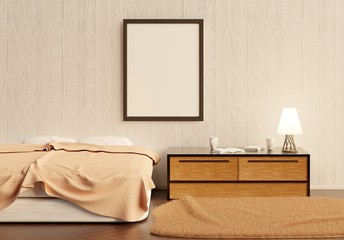 Empty frame in the bedroom. Poster template for photos, paintings and lettering. Cozy home interior. 3D rendering. 3D illustration.