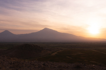 Beautiful landscape at sunset on Mount Ararat in Armenia. Near the city of Yerevan.