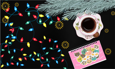 Christmas banner with Christmas lights, cup of coffee, notepad in Kawaii style, pine branch