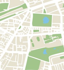Abstract city map vector illustration with streets, parks and ponds